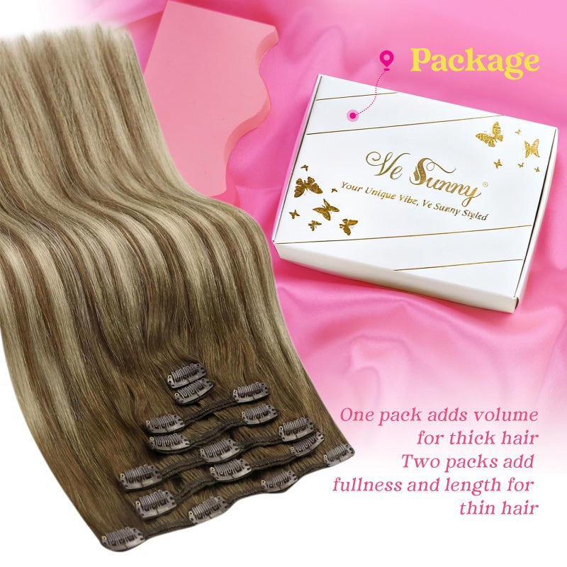 Ve Sunny Hair Clip in Extensions Real Human Hair Balayage Chestnut Brown Mix Platinum Blonde Ombre Remy Human Hair Extensions Clip ins for Women Full Head Set 18 inch 120g 7pcs - Image 5